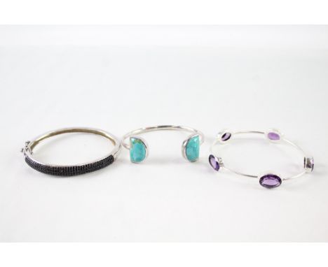 Collection of Sterling Silver Gemstone Bangles inc. Amethyst, CZ x 3 47g