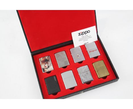 Zippo Pocket Lighters In Genuine Zippo Leather Display Case x 8 