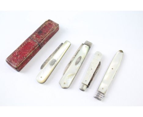 4 x .925 sterling silver mop fruit knives &amp; fork 