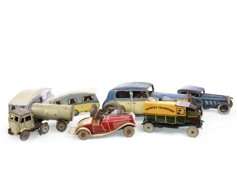 LOT OF VINTAGE BRITISH TIN PLATE MODEL VEHICLES, including two Mettoy caravans, a 'Pool' truck, an 'Express Transport' clockw