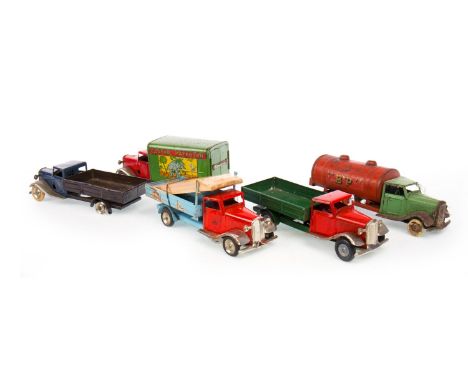 TRI-ANG MINIC TIN PLATE CLOCKWORK CARTER PATERSON VAN, along with a 'BP' Tri-ang Minic tanker and three Tri-Ang Minic clockwo