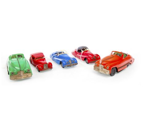 LOT OF FIVE TRI-ANG MINIC CLOCKWORK MODEL CARS, including various models, of sizes, each lacking key and box