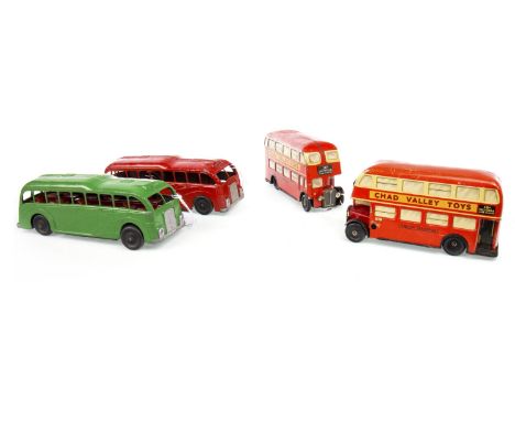 TWO CHAD VALLEY DOUBLE DECKER LONDON BUSES, approximately 13cm long; along with two Mettoy clockwork coaches, including one g