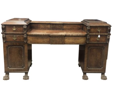 POST REGENCY MAHOGANY AND EBONY STRUNG PEDESTAL SIDEBOARD, the back with two glass compartments, two frieze drawers, two draw
