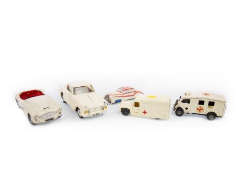 TRI-ANG AUSTIN HEALEY 100/6 MODEL VEHICLE, with losses, in box lid; along with a Tri-Ang electric Triumph model vehicle, two 