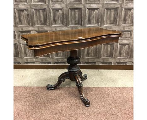 VICTORIAN ROSEWOOD SERPENTINE CARD TABLE, of serpentine outline, opening to reveal a baize lined interior, on a turned and mo