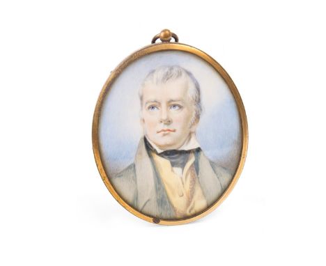 OVAL HEAD AND SHOULDERS MINIATURE PORTRAIT OF SIR WALTER SCOTT, in a gilt frame, 8cm x 6cm
