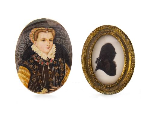 OVAL CHROMOLITHOGRAPHIC PORTRAIT OF MARY QUEEN OF SCOTS, 6cm high; along with an early 19th Century profile silhouette of a g