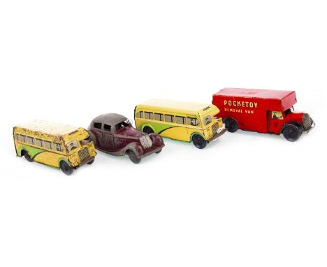 TWO BRIMTOY POCKETOY CLOCKWORK CREAM AND GREEN COACHES, along with a Brimtoy Pocketoy removal van in red and a Pocketoy saloo
