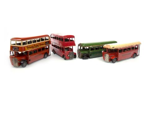 TRI-ANG MINIC LONDON TRANSPORT DOUBLE DECKER CLOCKWORK MODEL BUS, in orange, reading '14 Putney'; along with a Tri-ang Minic 