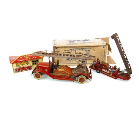 EARLY 20TH CENTURY TIN PLATE CLOCKWORK MODEL FIRE ENGINE, made in England, with Dunlop Fort tyres, in box; along with an M.F.