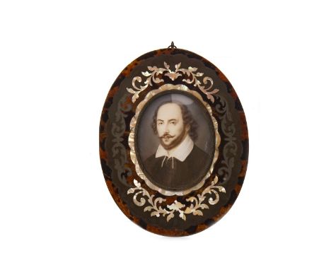 19TH CENTURY OVAL PORTRAIT MINIATURE OF WILLIAM SHAKESPEARE, on ivory, in an oval frame inlaid with mother of pearl, signed i