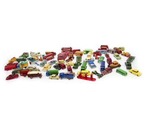 COLLECTION OF LESNEY MODEL VEHICLES, comprising tin plate and other examples, including race cars, coaches, trucks and a Lond