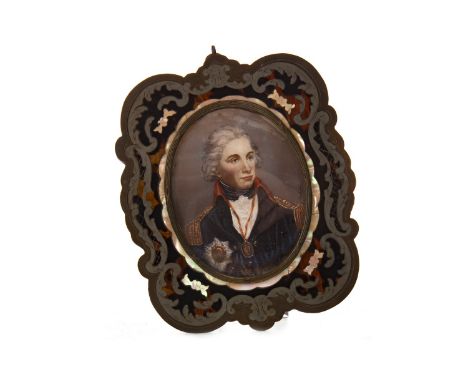 19TH CENTURY OVAL PORTRAIT MINIATURE OF ADMIRAL LORD NELSON, on ivory, in a shaped oblong frame inlaid with mother of pearl, 