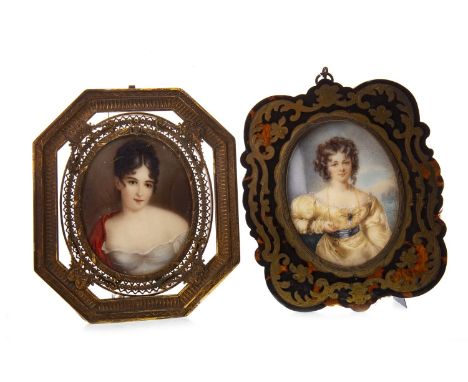 19TH CENTURY OVAL PORTRAIT MINIATURE 'LA JOLIE MISS CROCKER', on ivory, in a shaped oblong frame inlaid with mother of pearl;