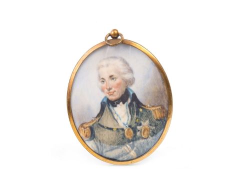 OVAL HEAD AND SHOULDERS MINIATURE PORTRAIT OF LORD NELSON, 8cm x 6cm; along with a companion miniature of a young lady (possi