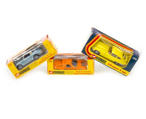 CORGI MODEL OF A V12 JAGUAR 'E-TYPE' CAR, no. 374, in bright metallic yellow; along with a Corgi model Porsche Targa 911s car