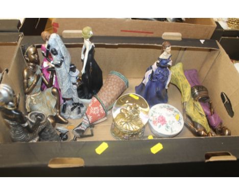 A TRAY OF CERAMIC FIGURES ETC.