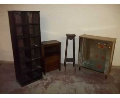A SELECTION OF ITEMS TO INCLUDE A BOOKSHELF, TILE TOPPED PLANT STAND, CHINA CABINET + BEDSIDE CUPBOARD  (4)