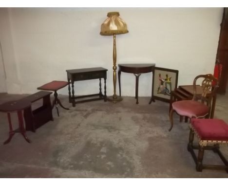 A SELECTION OF TABLES TO INCLUDE A ROUND FOLD OVER GAMES TABLE WITH CREOLE LEGS AND A BEDROOM CHAIR, FIRESCREEN AND LAMP  (10