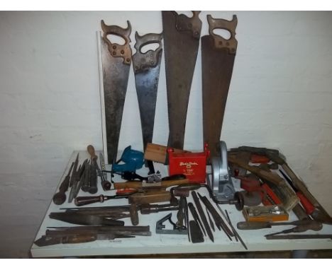 A BOX OF ASSORTED HAND TOOLS ETC