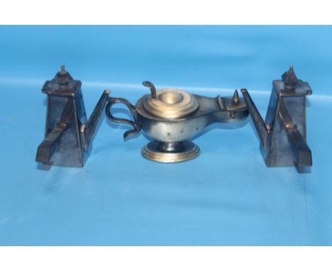 A DUNHILL TABLE LIGHTER IN THE FORM OF A GENIE'S LAMP TOGETHER WITH A PAIR OF UNUSUAL WHITE METAL SMALL POTS