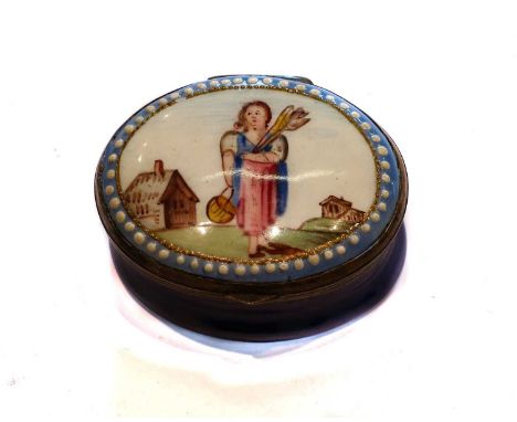 An 18th century South Staffordshire enamel oval patch box, blue ground and the cover painted with a young woman carrying a ba