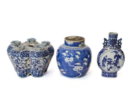 A collection of mainly 19th Century Chinese blue and white porcelain including tulip vase (a.f.), Cafe au lait ground bowls, 