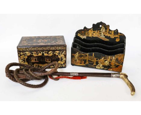 A silver mounted riding crop with antler handle, together with a chinoiserie lacquered papier mache letter rack, similar tea 