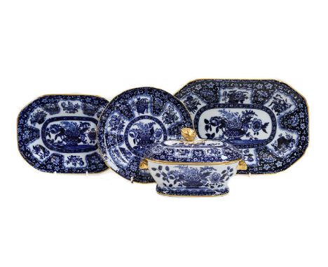 A Copeland Spode part dinner service, transfer printed in underglaze blue with the filigree pattern, comprising: a sauce ture