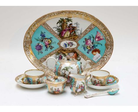 A 20th century Meissen miniature tete-a-tete on cabaret tray, outside decorated with turquoise ground panels, and Watteau-esq