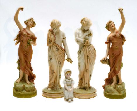 A pair of Royal Worcester blush allegorical figures of Joy and Sorrow, circa 1895; together with another small Royal Worceste