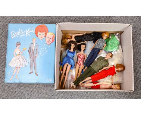 1960s Mattel Barbie and Ken Wardrobe Box, with carrying handle, enclosing fitted wardrobe for each, 27cm by 33cm by 18cm; Fiv