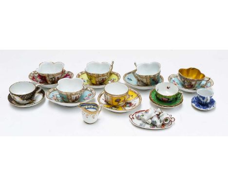 A 19th century dolls porcelain tea service on cabaret tray by Helena Wolfsohn, painted with Watteau-esque scenes; together wi