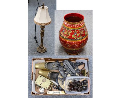 A box of assorted metalware including a pair of brass stirrups, Salter Scales, architectural salvage including a rim lock and