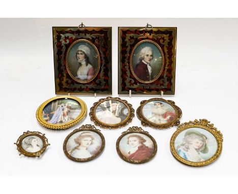 An ivory portrait miniature of a lady and gent, dressed in 18th century attire, in gilt metal beaded frame, two similar portr