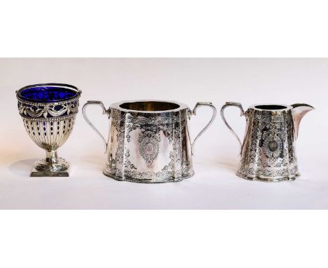 A silver blue glass lined sugar basket, four part Walker &amp; Hall silver plated tea service, and a silver plated tureen and