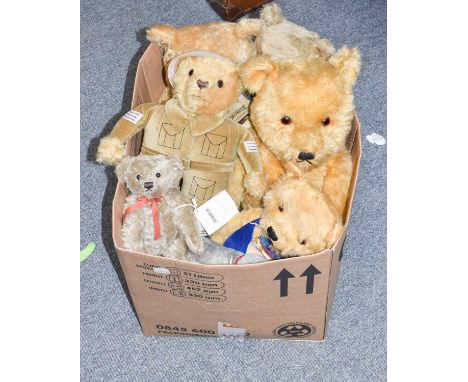 Seven assorted circa 1950s and later teddy bears, Merrythought home guard figure, small modern Steiff bear and seated terrier