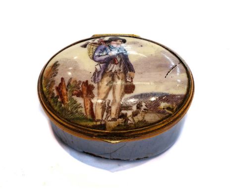 An 18th century South Staffordshire oval enamel patch box with hinged cover, with light blue base the cover printed and paint