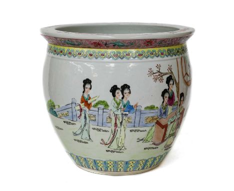 A 20th century Chinese planter with famille rose border, painted with a continuing landscape incorporating figures and with p