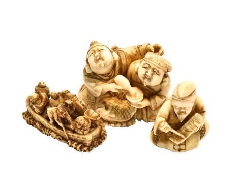 A Japanese Meiji period carved ivory netsuke formed as a boat and passengers with waves crashing below, signed, together with