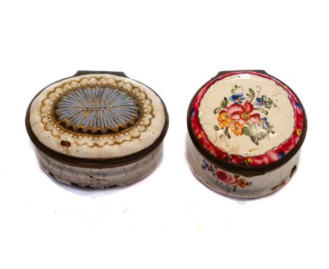 An 18th century enamel patch box and cover, with a central blue geometric design to the top, together with another similar bo