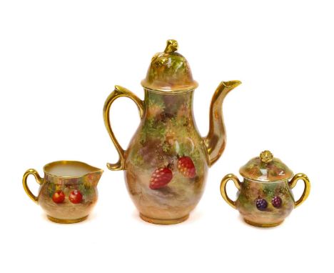 A Royal Worcester miniature coffee pot and cover of baluster form by Edward Townsend, painted with plums and raspberries; tog