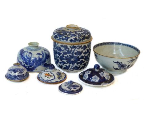 A 19th Century Chinese Imari bowl, two similar, Kangxi style blue and white squat vase etc (one tray)Blue and white with chip