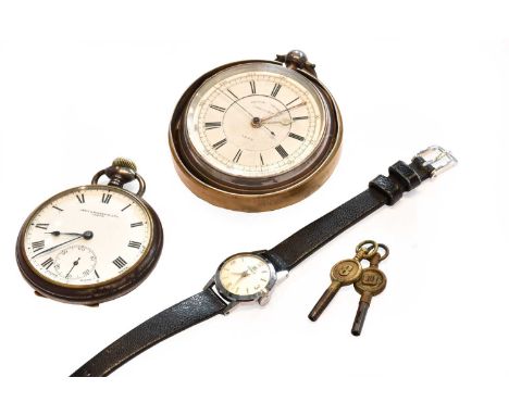 A silver open faced chronograph pocket watch, a gun metal pocket watch retailed by Owen &amp; Robinson Ltd Leeds and a lady's