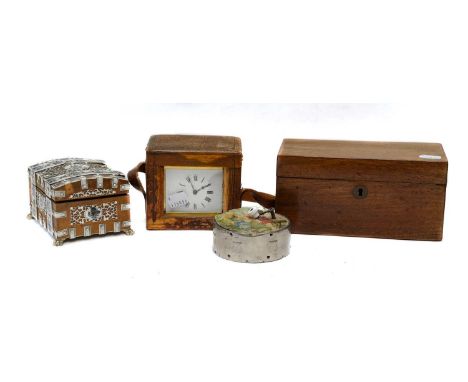 Carriage clock, music box, tea caddy, and an Indian penwork fitted box (4)