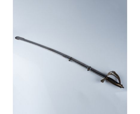 This brass-hilted sword features a curved steel blade with a leather-wrapped handle and a detailed brass guard. The blade is 