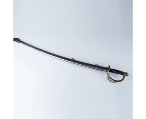 A reproduction cavalry saber featuring a curved steel blade with a single fuller and a brass three-bar guard. The grip is wra
