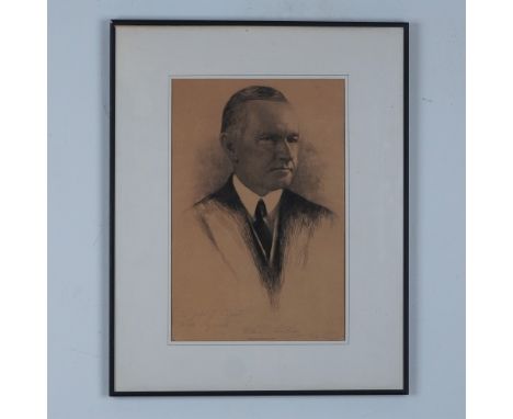 A detailed lithographic portrait of President Calvin Coolidge, executed by artist Charles Barmore of Wyckoff, New Jersey. Thi