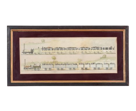 A pair of framed prints of early 19th Century locomotives with carriages. Measurements including frame 80cm x 40cm.
